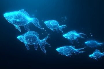 Glowing Polygonal Fish Schooling Underwater Digital Art