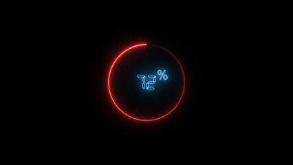 72 Number Digital percentage counter illustration. red circular bar. black background 4k video.