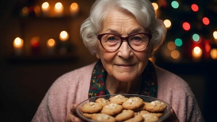 Elderly woman with glasses smiling while holding a plate of freshly baked cookies at a cozy holiday gathering with festive lights in the background Generative AI