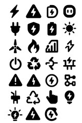 Electricity and energy icon set. Vector glyph pictograms of lightning bolt, battery, plug, solar panel, wind turbine, power, renewable energy, electrical safety black silhouette illustration. 