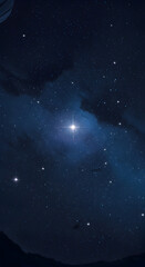 Cosmic Illustration Of A Sparkling Star Amidst A Blue Nebula And Dark Night Sky
