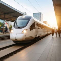 Fototapeta premium Dynamic Motion of a Bright Modern Train Captured in Fast-Paced Urban Environment