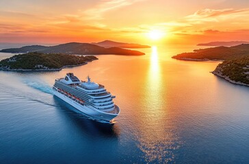 Cruise Ship Sailing Blue Sea with Green Islands at Golden Sunset Aerial View