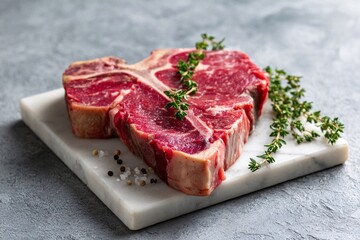 tempting t bone steak in the industrial corner on a light gray background