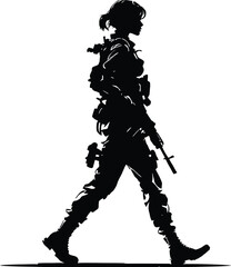 Fototapeta premium Military Patrol Vector Silhouette Featuring an Armed Soldier Walking Forward in Full Tactical Gear with a Rifle in Hand