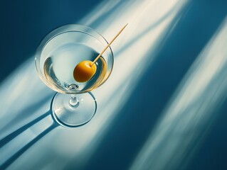Elegant clear cocktail featuring a single olive on a toothpick, set against a textured blue background.