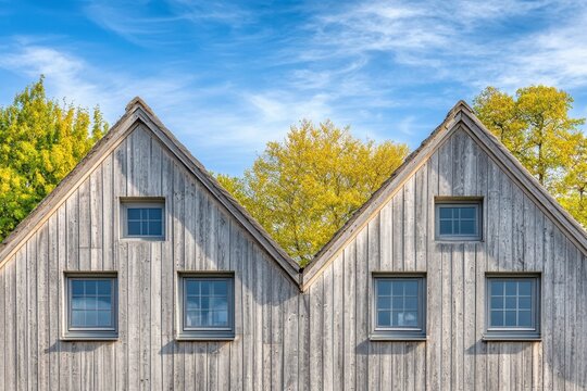 Two light gray wooden buildings with gabled roofs and small square windows, set against a backdrop of bright blue sky and trees with yellow leaves. - Powered by Adobe