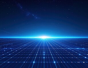 A vast digital landscape stretches toward a bright horizon, filled with grid lines and stars, evoking a sense of futuristic exploration and technology