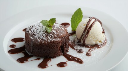 A piece of chocolate lava cake with ice cream on a white background