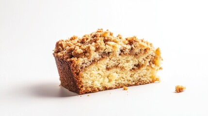 A piece of delicious coffee cake with a crumb topping on a white background