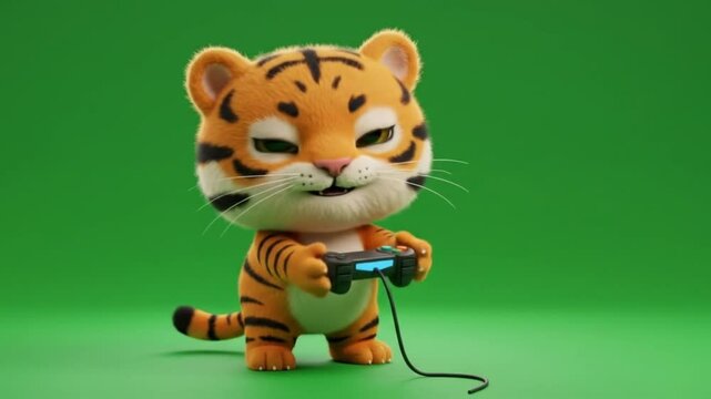 Cute cartoon tiger playing video game