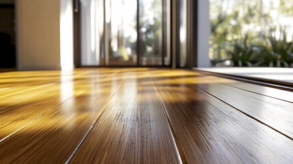 Fototapeta premium Sunlit Wooden Floor with Outdoor View