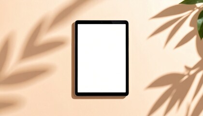 Fototapeta premium A modern tablet lies on a soft, warm background, with gentle shadows from nearby leaves creating a serene atmosphere