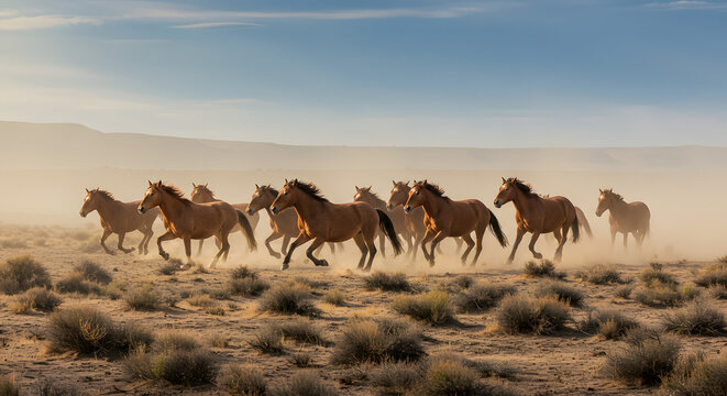 Horses running in open landscape