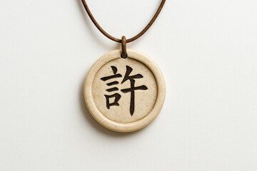 Round Pendant with Japanese Kanji Character on Leather Cord  
