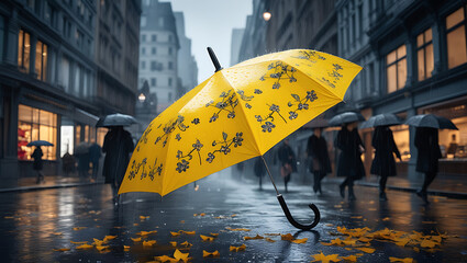 Yellow Umbrella on Rainy City Street in Autumn