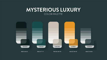 Color palette guide in Mysterious colour theme collections. Color inspiration or chart with codes template. Color combination RGB. Colors swatches for graphic design, art, fashion, website or painting