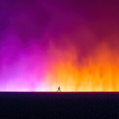 Fototapeta premium A person runs against a vibrant, colorful background of orange and purple.