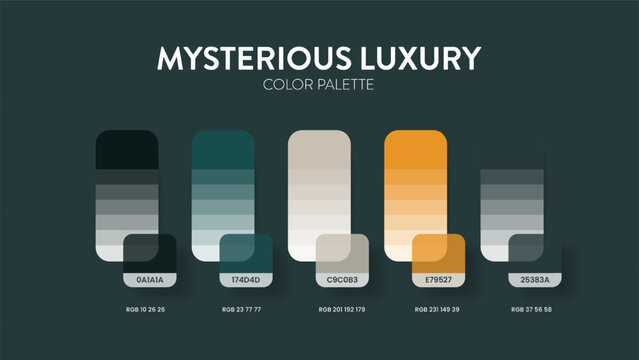 Color palette guide in Mysterious colour theme collections. Color inspiration or chart with codes template. Color combination RGB. Colors swatches for graphic design, art, fashion, website or painting