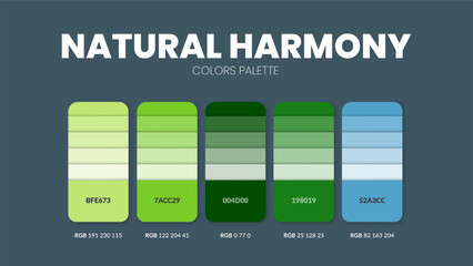 Color palette guide in Natural harmony colour theme collections. Color inspiration or chart with codes template. Color combination RGB. Colors swatches for graphic design, art, fashion, web, painting.