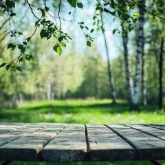 Rustic wooden picnic table in a park, bathed in sunlight