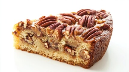 A piece of maple pecan cake topped with pecans on a white background