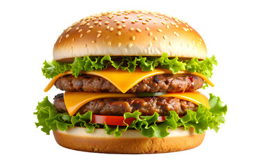 An ultra-realistic digital illustration of a cheeseburger with double meat, lettuce, and tom