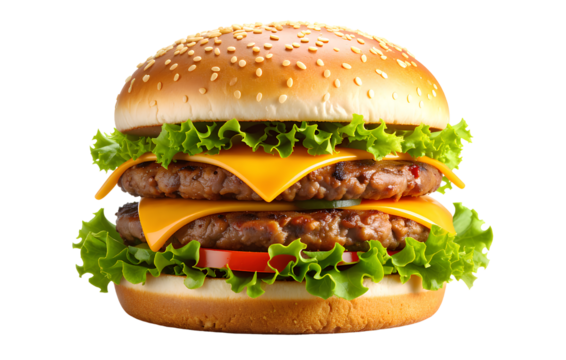 An ultra-realistic digital illustration of a cheeseburger with double meat, lettuce, and tom