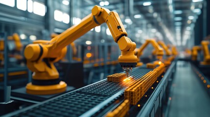 A factory where robotic arms assemble modular block-based constructions