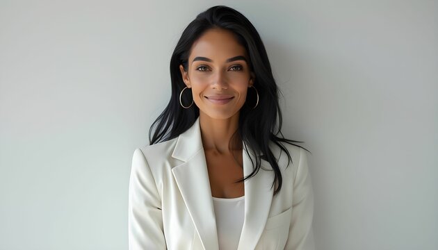 Professional woman smiles confidently in a white blazer against a plain background showcasing elegance and poise during a business portrait session in a modern setting Generative AI