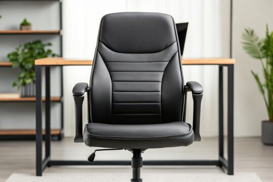 A modern black office chair in front of a wooden desk, with plants and shelves in a bright, minimalist workspace.