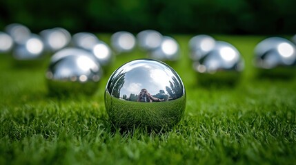 Metallic sphere reflection on green grass outdoor sport leisure activity