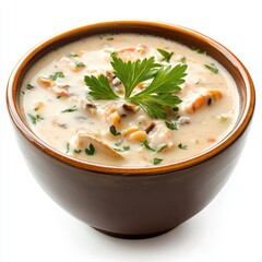 Bowl of seafood chowder garnished with parsley isolated on white background