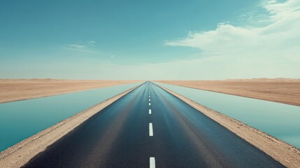 Fototapeta premium Straight asphalt road between water canals, desert landscape under serene sky