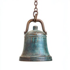 Obraz premium Antique bronze bell hanging from chain isolated on white background