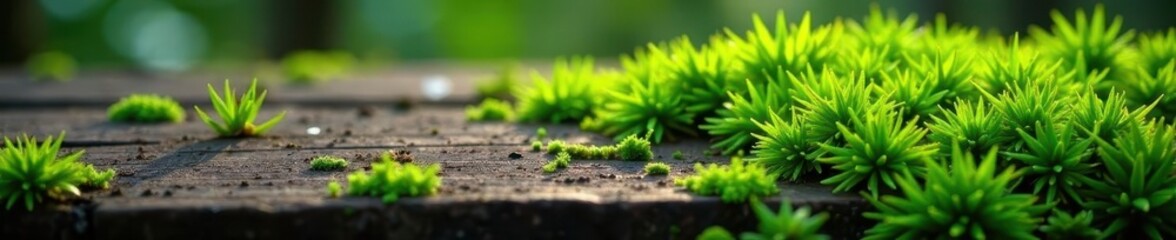 Textured wood, vibrant green moss, decaying wood, close-up , weathered, plant life