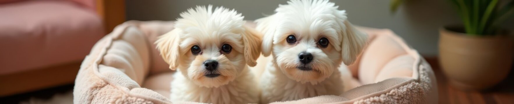 Two fluffy bichons, trendy haircuts, comfy pet bed, animals, home decor