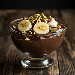 Chocolate pudding topped with banana slices and pistachios (1)
