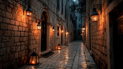Obraz premium Old Stone Alleyway Lit by Lanterns