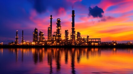 Naklejka premium Industrial complex silhouette at sunset water reflection