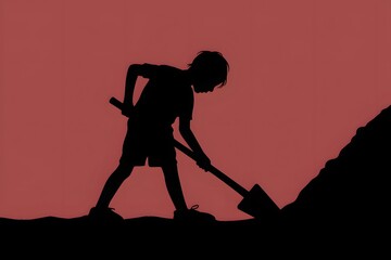 Silhouette of a child working with a shovel. 