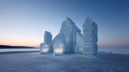 Spectral ice fortress silhouettes against dawn, whispering tales of Winter Solstice enchantments and elusive Arctic phenomena sightings