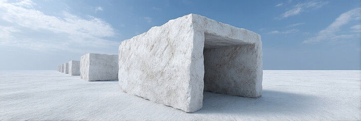 Ancient monolithic salt blocks on vast, sunlit plain evoke silent solstice rituals and mystical geometric architectural wonders