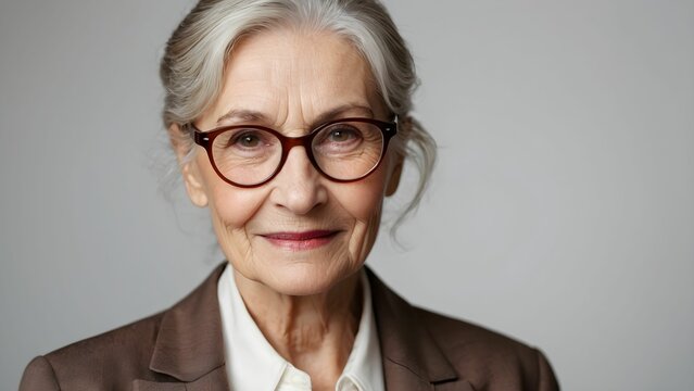 Elderly woman with glasses smiles warmly in a neutral-toned setting while wearing a professional outfit that conveys confidence and wisdom Generative AI