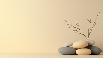 Balanced stones and branch minimalist still life neutral colors calm aesthetic