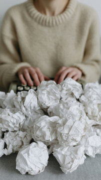 A Caucasian woman types amid a sea of crumpled paper dreams, embodying Writer's Block Day and Scribbler's Reverie