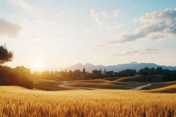 Obraz premium Golden Wheat Field Rolling Hills Sunset Landscape Scenic Countryside Road