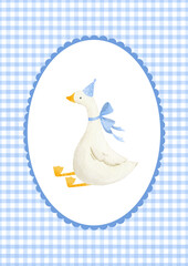 Cute goose illustration. Adorable poster for a boy with an oval frame and goose, farm bird, watercolor cottagecore style, funny character. Childish print and poster, kids' textile and nursery decor © zenina