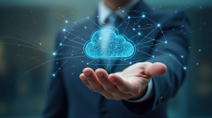 Cloud computing concept with businessman and virtual data.