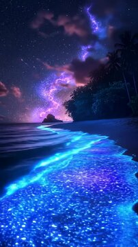 magical bioluminescent beach & starry sky - vertical animation loop